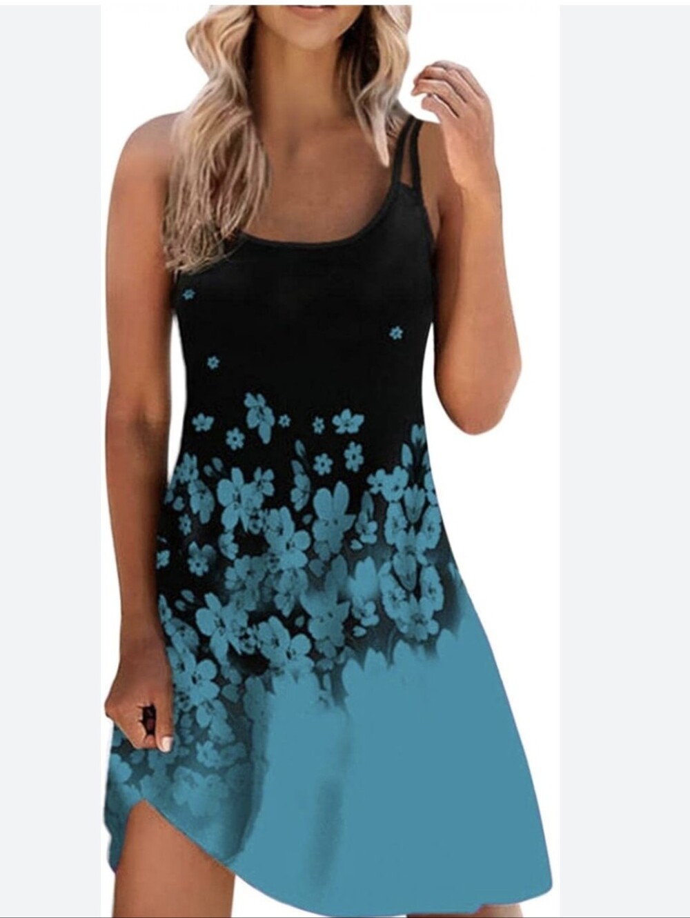 Noracora Women's Size Large Black Blue Floral Sleeveless A Line Tank Dress NWT